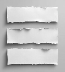Fototapeta premium Three horizontal white torn paper strips with rough edges on a gray background