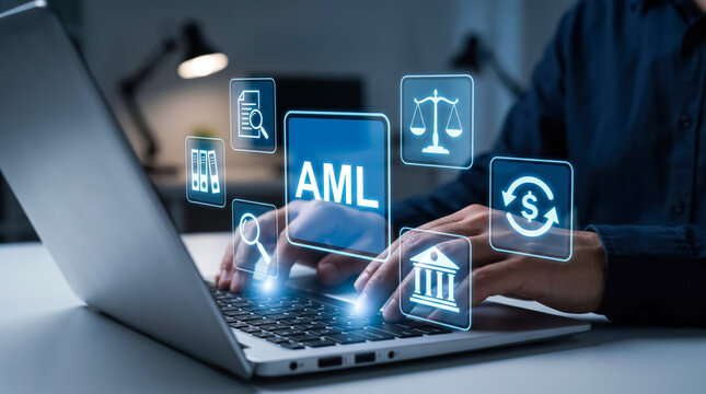 Antimoney laundering aml concept with digital icons on laptop screen