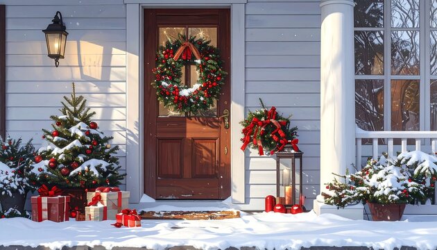 Snowy house porch with Christmas decorations and gifts