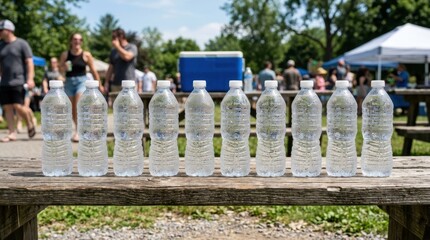 Obraz premium Row of cold water bottles on a rustic wooden table at an outdoor event