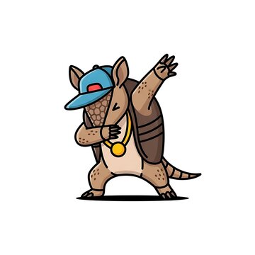 Animated armadillo in a blue cap and gold chain, dabbing with its arm raised, set against a plain white background