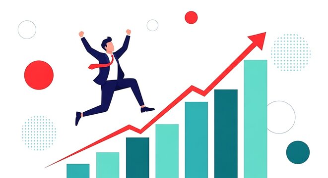 Businessman jumping over rising graph with red arrow and bars