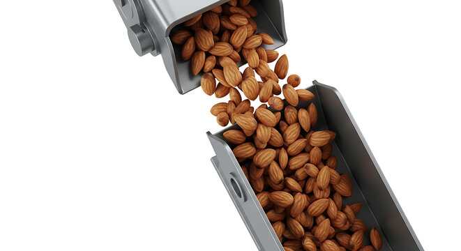 Almonds falling from a conveyor belt into a metal chute, food processing and production, healthy snack ingredients