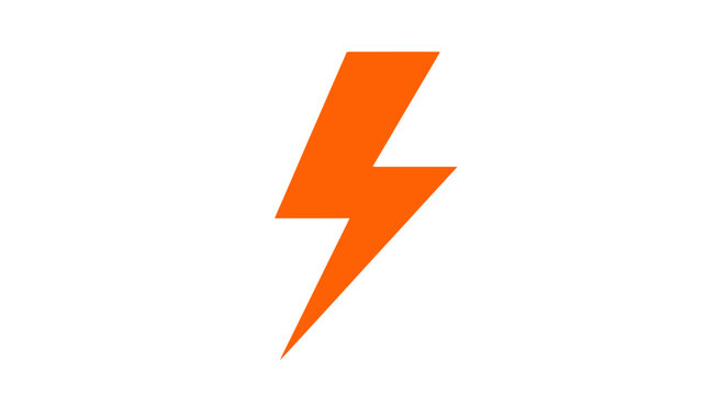 Dynamic orange lightning bolt graphic illustrating concepts of electricity, power, energy, speed, and quick alert. A vibrant symbol for impactful visual communication and warnings