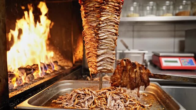 Cooking process of a vertical stack of grilled meat for commercial use