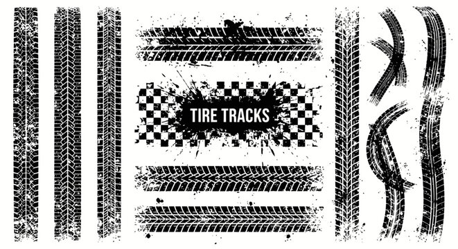 Vector set of grunge tire tracks and wheel imprints, featuring distressed rubber textures and racing patterns, ideal for automotive, rally, and off-road design projects