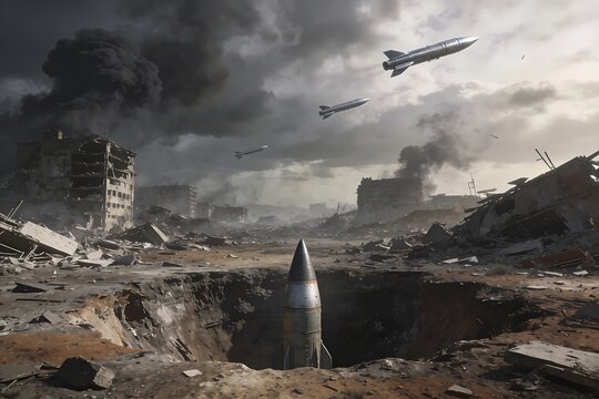 Generative Ai depicts a war-torn cityscape with missiles and destruction
