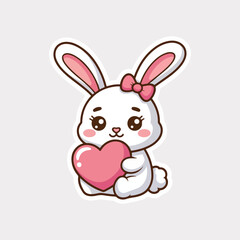 Obraz premium Cute kawaii bunny, pink heart sticker, Valentine's Day icon, white cartoon rabbit