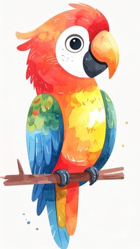 Minimalist watercolor illustration of Cute cartoon parrot character