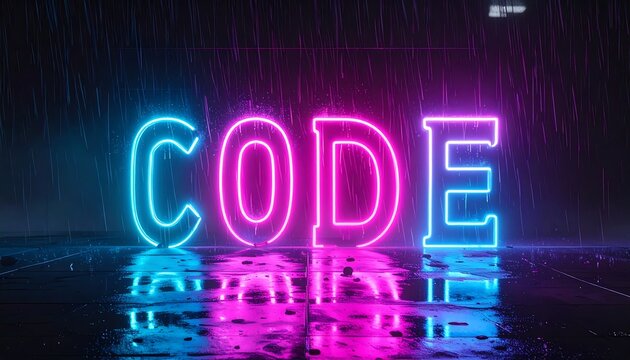 Neon sign with the word CODE in pink and blue