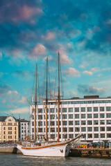 Fototapeta premium Classic Sailboat Moored at Helsinki Waterfront