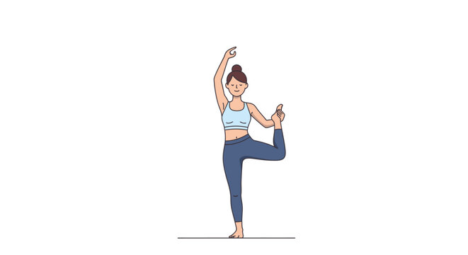 Illustration of a woman in a blue sports bra and leggings performing a yoga pose with one leg raised and arm extended on a plain white background with a minimalist style.
