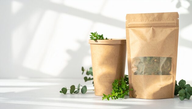 Sustainable packaging for dry goods or herbs in a clean, bright studio setting with natural light