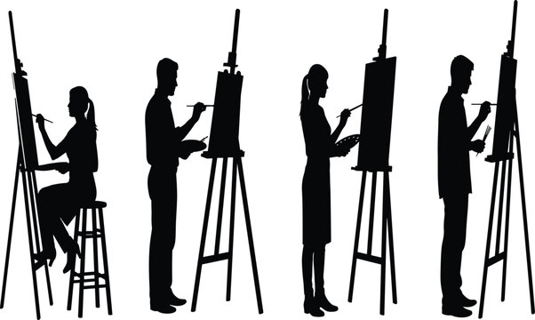 Artist silhouette collection, painting at easel illustration, creative artwork vector, painter with brush and palette, black and white design