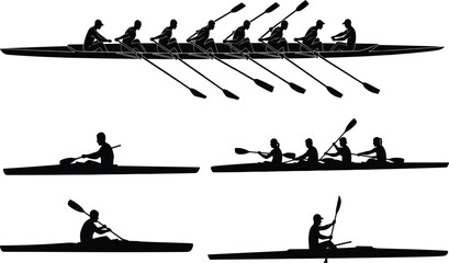Rowing team silhouette, kayaking illustration, water sport artwork, paddling vector design, athletic boat silhouettes, black and white sport collection © Its Saidul 