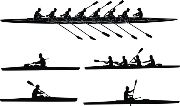 Rowing team silhouette, kayaking illustration, water sport artwork, paddling vector design, athletic boat silhouettes, black and white sport collection