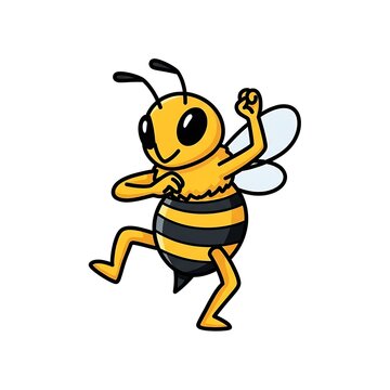 Animated cartoon image of a bee in a dancing pose with striped abdomen and bright yellow body