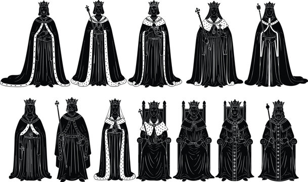 Royal silhouette collection, king and queen illustration, crown and throne artwork, regal attire vector, monarchy design, black and white icon set
