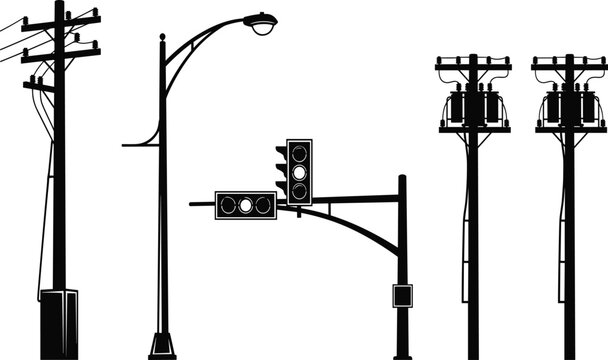 Utility pole silhouette collection, streetlight illustration, traffic signal artwork, electrical transformer vector, urban infrastructure design, black and white icon set
