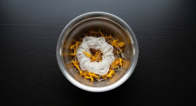 Top-down minimalist composition of a traditional silver ceremonial bowl for a Baci ceremony, featuring sacred white cotton threads and yellow flower petals
