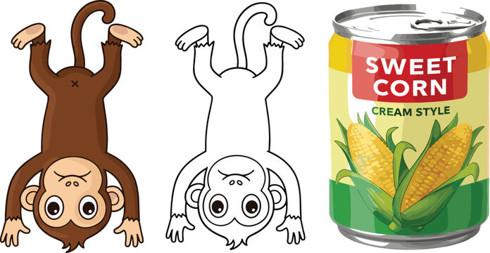 Funny Monkey Cartoon in Color and Outline Version Hanging Upside Down with Sweet Corn Can Food Vector Illustration Set