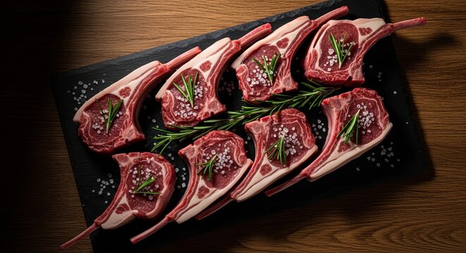 Fresh Raw Lamb Chops with Rosemary and Sea Salt on Dark Slate Board, Rustic Wooden Background for Eid al-Adha Traditional Halal Meat Preparation
