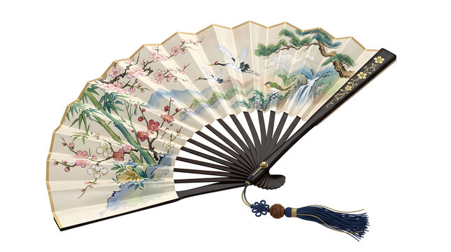 Elegant Japanese folding fan with hand-painted cranes and blossoms