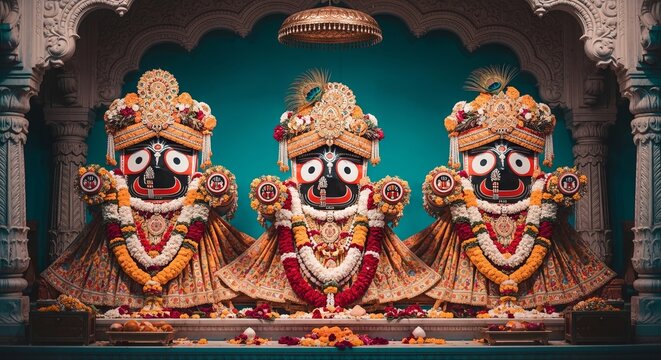 Jagannath Snana Yatra Festival with Three Deities on Snana Mandap Platform Adorned with Exotic Floral Crowns and Massive Garlands in Puri Odisha