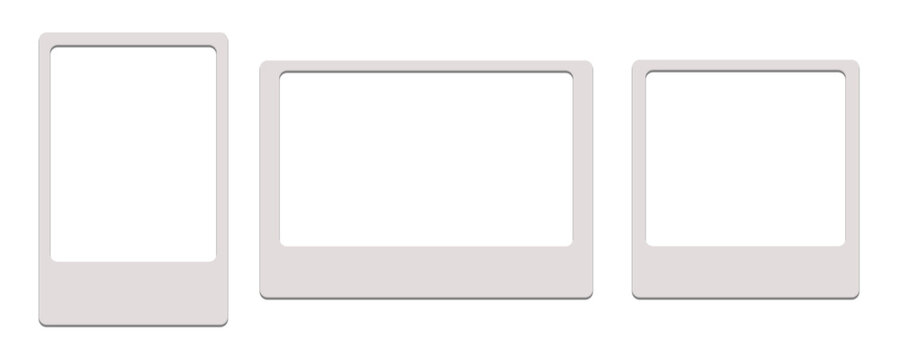 Set of blank white instant photo frames with realistic drop shadows in vertical, horizontal, and square formats isolated on transparent background for photography mockup and memory collage design