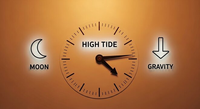 Visual representation of high tide, moon, and gravity's relationship in time.