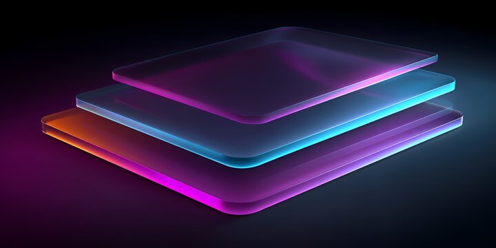 Vibrant Abstract Composition of Floating Glass Panes with Purple Blue and Orange Neon Lights for Digital Art Background