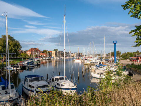 Motorboats and sailboats moored in harbour marina of Haderslev, South Jutland, Southern Jutland.