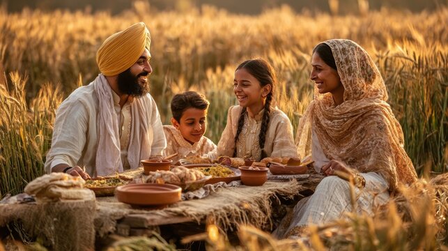 Commercial lifestyle photograph of Sikh family gathered around an outdoor table in their wheat field for Vaisakhi harvest meal terracotta dishes, earthen pots, white kurtas, golden field backdrop, 