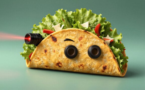 A taco with eyes and a laser looking cool against a green background.