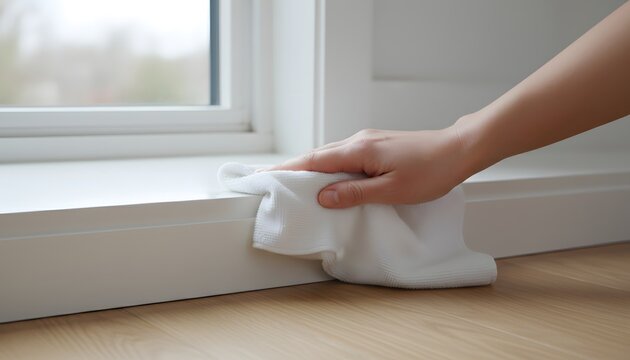Close up of a person cleaning white baseboards with a rag in a minimalist living room for a thorough home maintenance and spring cleaning concept with natural light