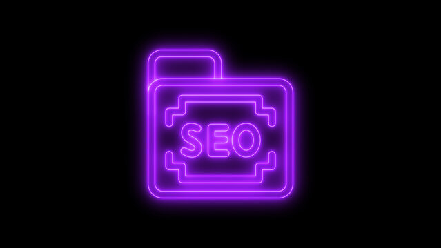 Colorful neon seo folder icon for search engine optimization and digital marketing strategy representation isolated on black background for web and app development projects