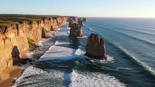 Aerial view of majestic sea stacks and rugged cliffs along a beautiful coastline at sunset. Powerful ocean waves crash against the shore, highlighting the raw beauty of nature.