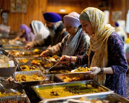 Community langar preparation scene, volunteers serving food in large steel plates, Vaisakhi celebration inside Gurdwara hall, authentic expressions, natural indoor lighting
