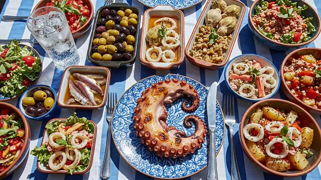 Overhead view of various dishes and octopus on a table