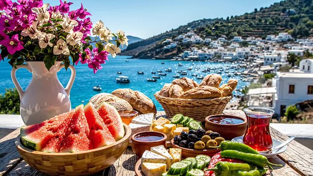 Breakfast spread with fresh fruits bread and vegetables outdoor