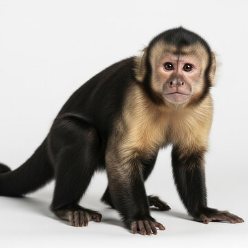 A capuchin monkey standing on all fours with a white background