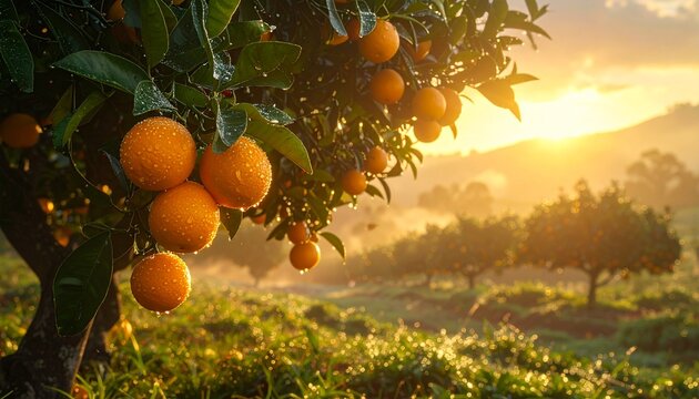 Lush Orange Grove Bathed in Golden Sunset Light.