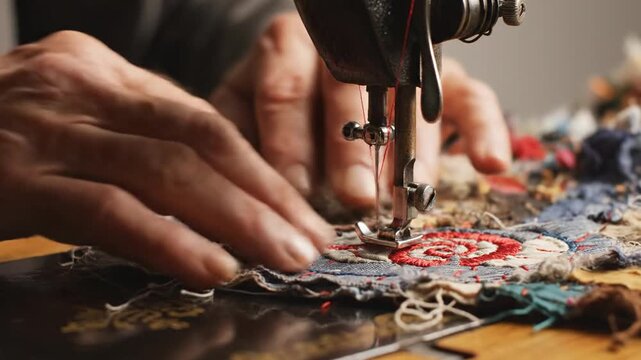 Close up of hands sewing fabric with vintage machine in soft lighting