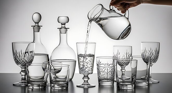 Elegant crystal glassware being filled with water from a pitcher