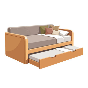 Modern wooden daybed with trundle drawer. Flat design vector illustration of guest bed furniture. Space saving home decor isolated on white