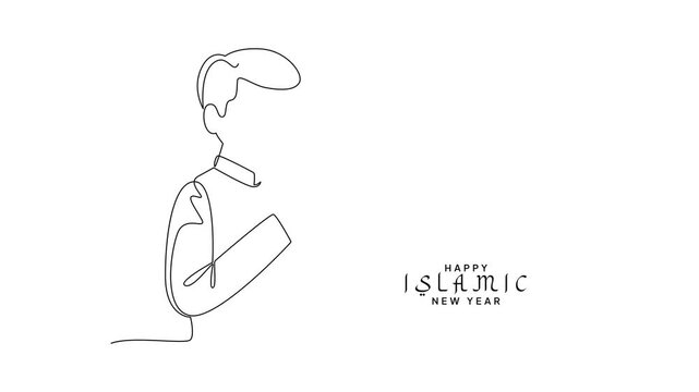 Man Praying Tasbih Islamic New Year. Islamic new year Concept. Single line draw design Video 4k. Footage graphic illustration