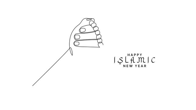 Hand Holding Tasbih Islamic New Year Prayer. Islamic new year Concept. Single line draw design Video 4k. Footage graphic illustration