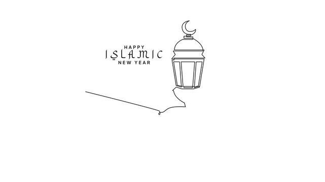 Hand Holding Lantern Islamic New Year. Islamic new year Concept. Single line draw design Video 4k. Footage graphic illustration
