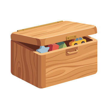 Wooden toy box with lid and colorful toys. Playroom storage and organization concept. Flat vector illustration of children's chest