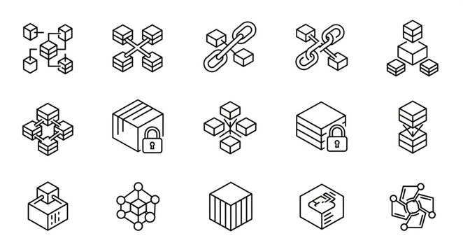 Blockchain Technology Icons Set Digital Network Blocks.